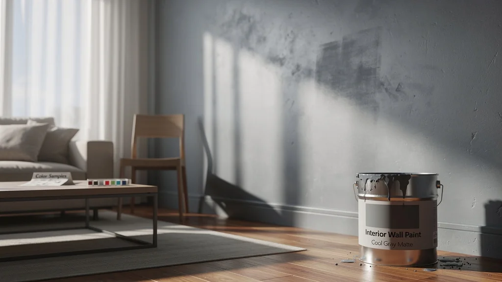 Intérieur avec mur gris non testé avant achat, erreur décoration peinture, ambiance naturelle et réaliste