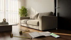Canapé coincé dans l'encadrement d'une porte par dix centimètres, illustration d'erreur d'achat avant mesure
