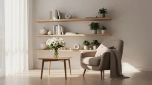 Pièce lumineuse et aérée avec étagères basses, décor minimaliste et ambiance respirable