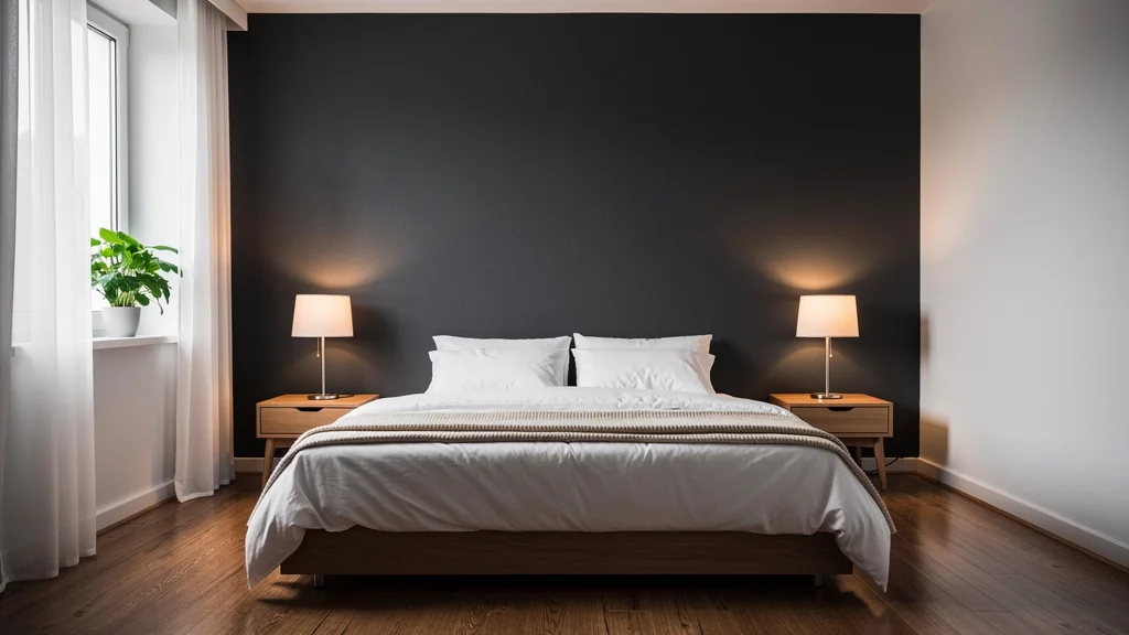 Petite chambre élégante avec un mur foncé, ambiance cosy et design moderne, lumière naturelle douce