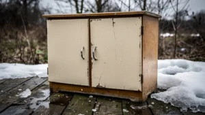 Vieux meuble stratifié repeint exposé à l'extérieur après un hiver, peinture légèrement usée