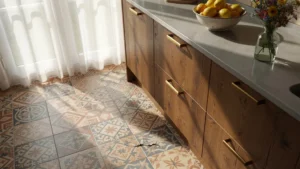 Cuisine lumineuse avec carrelage unique au sol apportant charme et caractère à l'aménagement