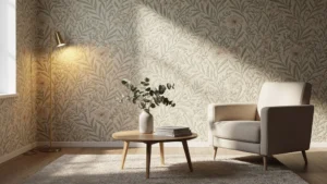 Petit espace cosy avec papier peint botanique, décoration intérieure élégante et lumière naturelle