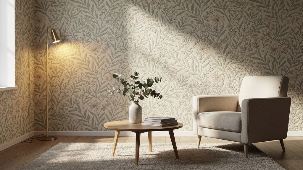 Petit espace cosy avec papier peint botanique, décoration intérieure élégante et lumière naturelle