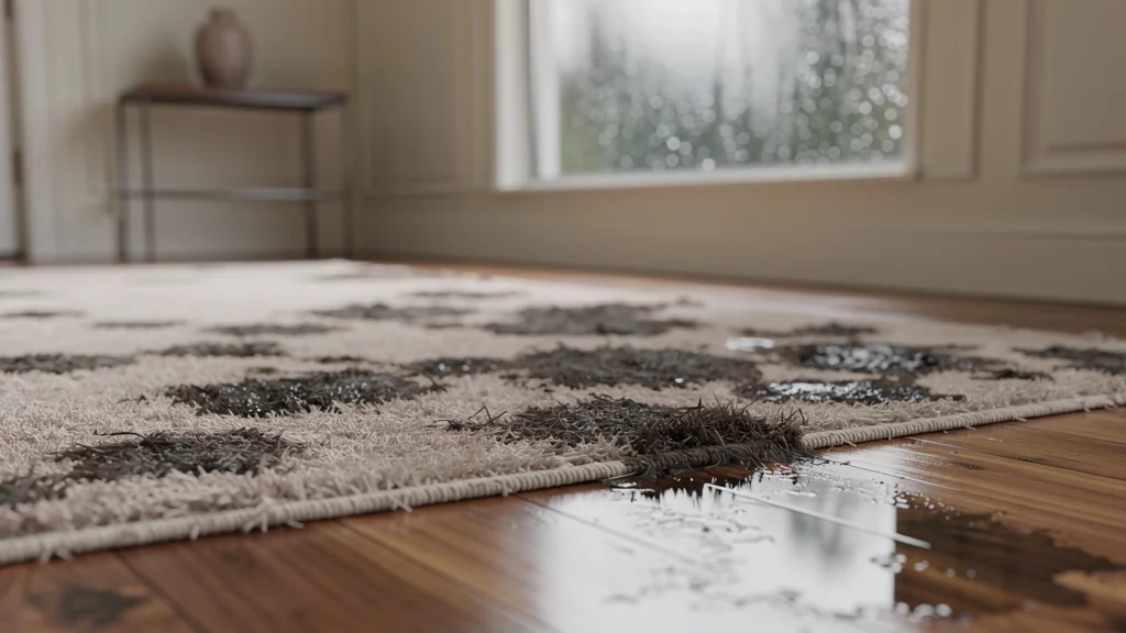 Le tapis clair de l&rsquo;entrée, taché en une seule semaine de pluie