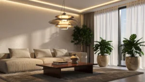 Intérieur moderne avec luminaires design et éclairage indirect harmonieux pour une ambiance sophistiquée