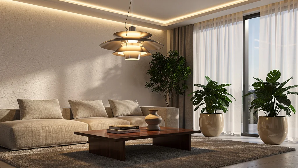Intérieur moderne avec luminaires design et éclairage indirect harmonieux pour une ambiance sophistiquée