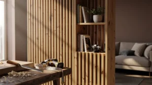 Bibliothèque en tasseaux sur mesure en bois naturel, résultat d’un projet de bricolage détaillé et réussi