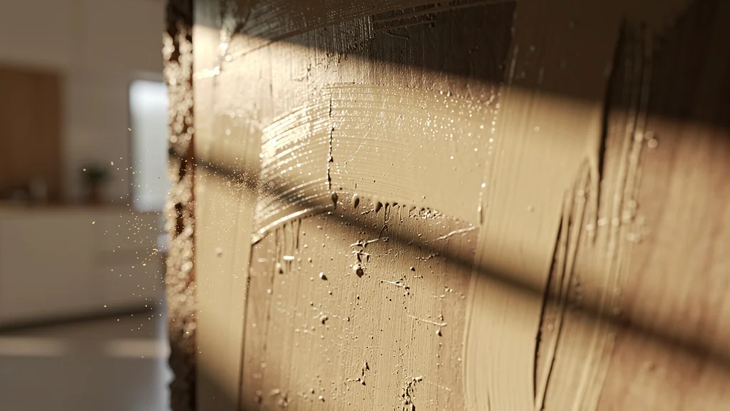 Surface en bois peinte avant ponçage avec traces visibles sous lumière rasante intense