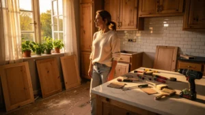 Femme rénovant elle-même sa cuisine moderne, illustrant vrai gain ou fausse économie en rénovation