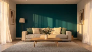 Salon lumineux rénové avec un mur peint en bleu profond réveillant toute la pièce à vivre moderne