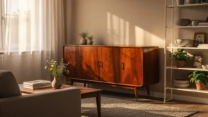 Buffet vintage en bois restauré structurant un salon lumineux et élégant, ambiance chaleureuse et naturelle