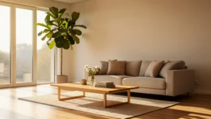 Salon moderne sans rideaux baigné de lumière naturelle révélant l’impact de la lumière sur une pièce
